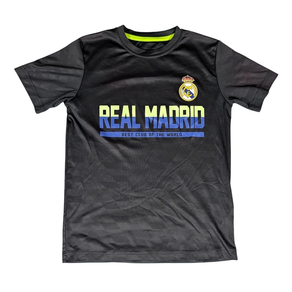 Real Madrid Kids Soccer Graphic T-Shirt Black Neon Yellow Blue M RN139146